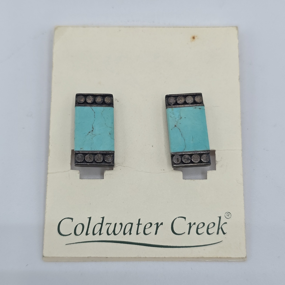 VTG Coldwater Creek Sterling Silver & Turquoise Rectangle Clip On Earrings